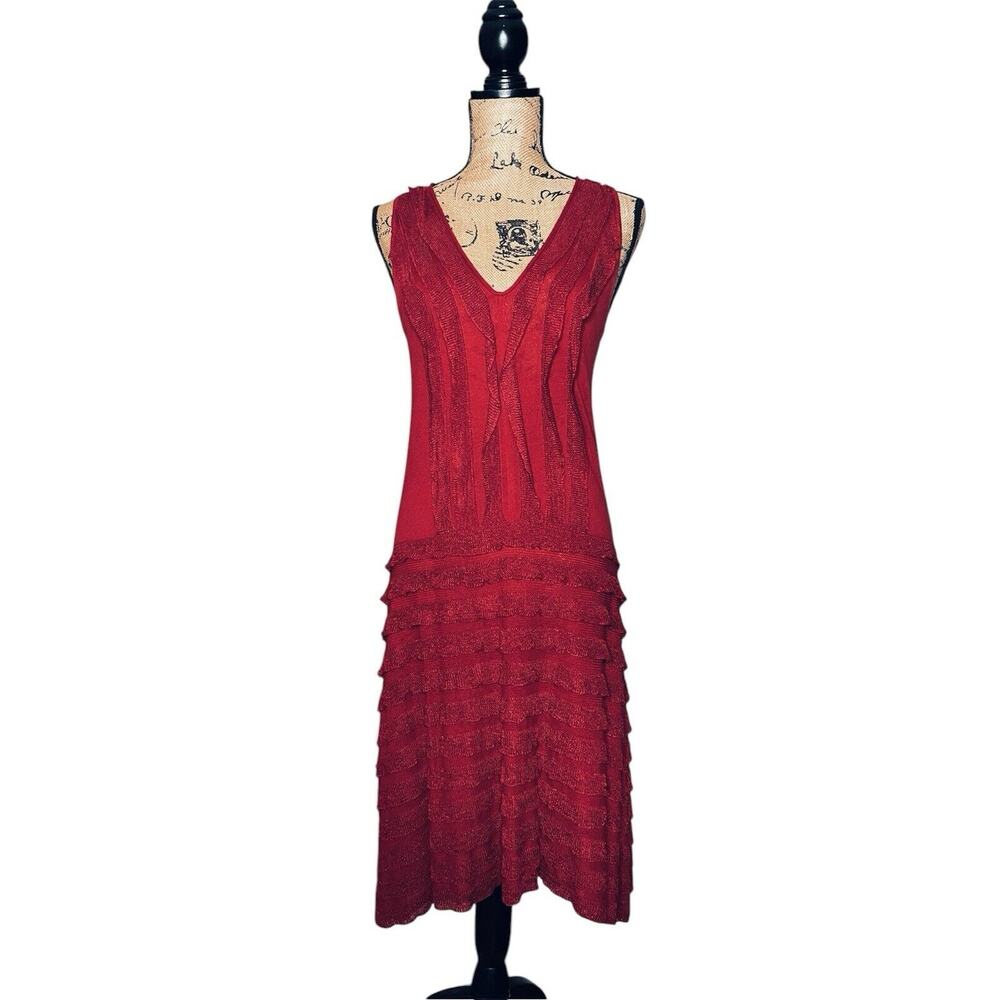 NANETTE LEPORE CRIMSON RED TIERED KNIT SHIFT DRESS SIK LINEN BLEND SIZE M MEDIUM